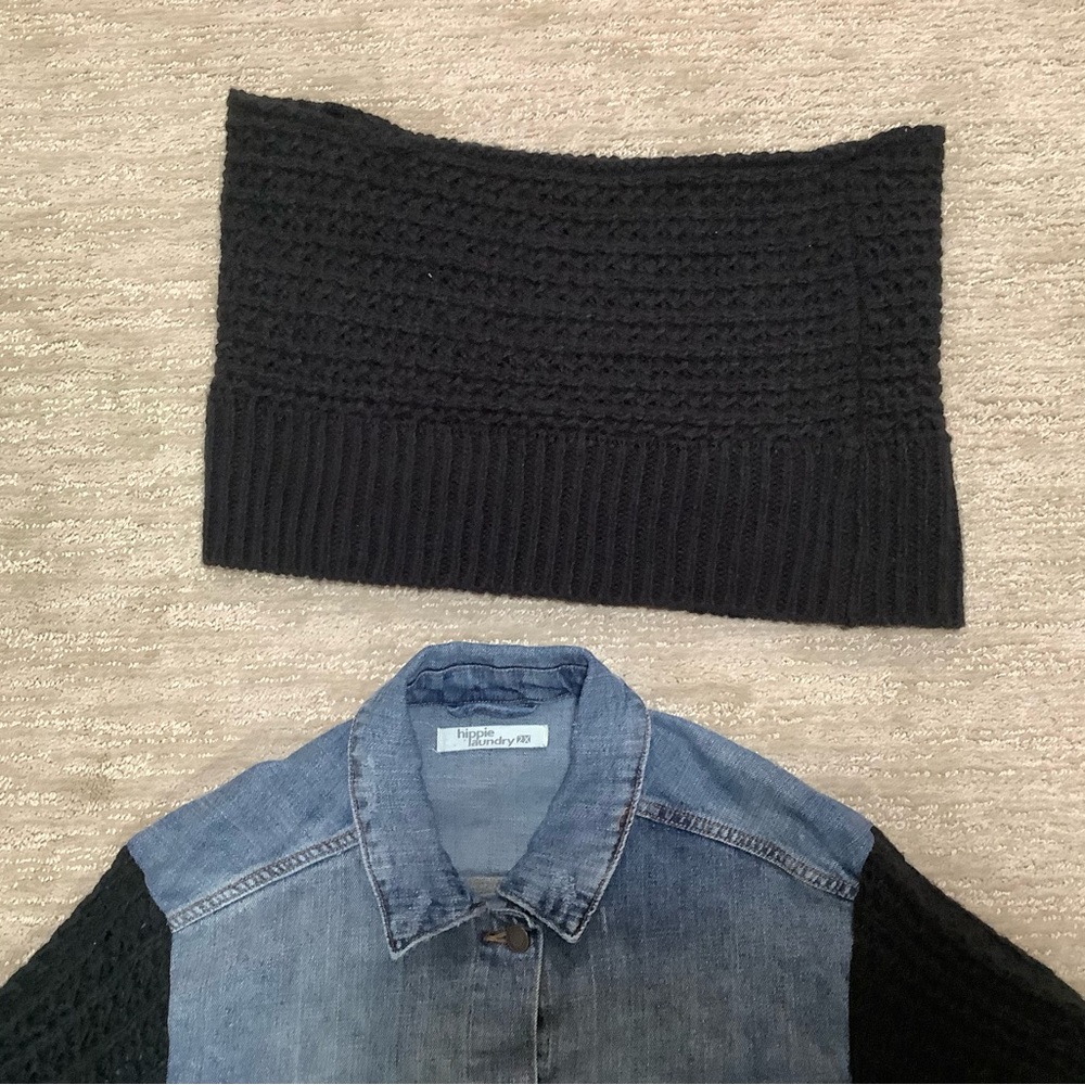 Hippie Laundry upcycled Denim Jacket with Black Knit sleeves and scarf. - Picture 6 of 10